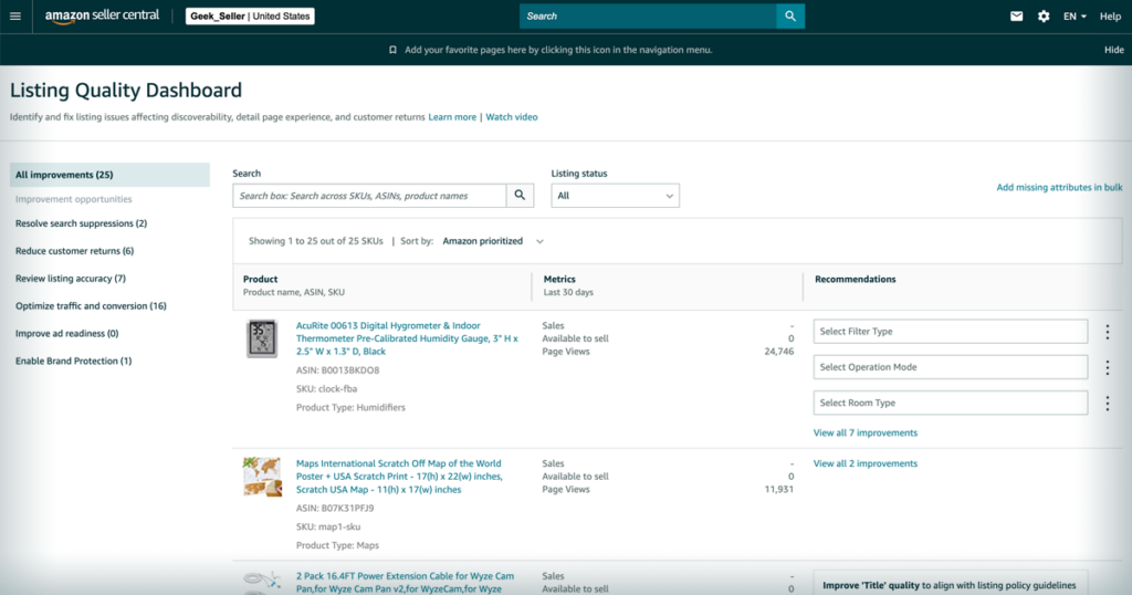Amazon Seller Central Listing Quality Dashboard showing listing improvement recommendations
