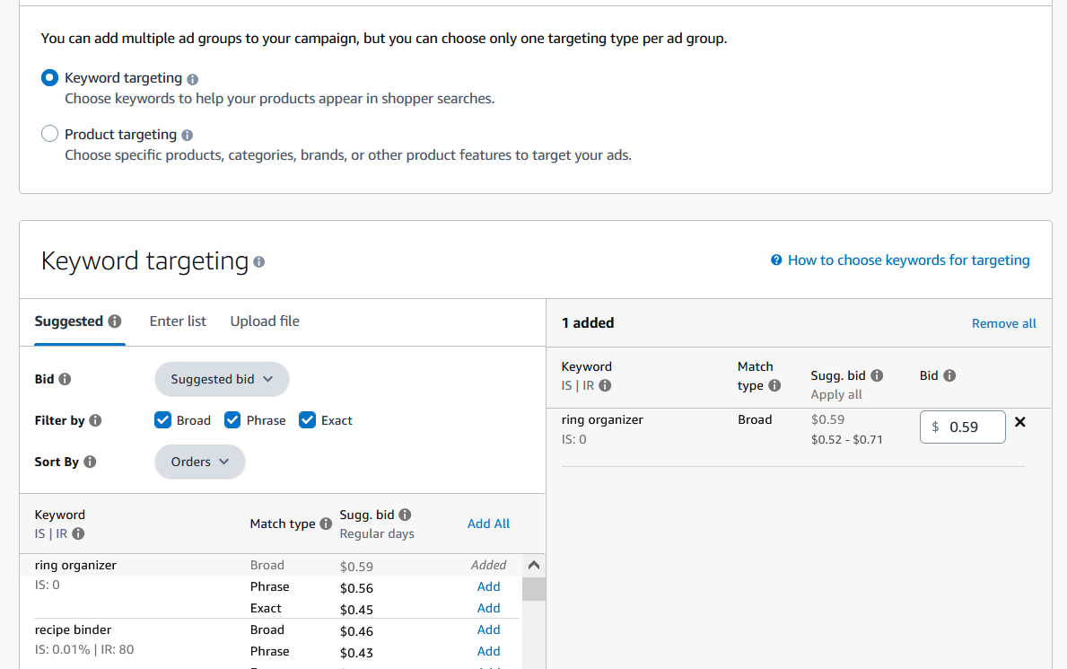 Amazon Sponsored Products campaign setup with keyword targeting, match types and suggested bids